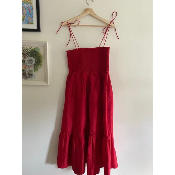 DHRUV KAPOOR Red Smocked Cerise Midi Dress Size Small - Picture 6 of 7